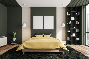 Two canvases on wall in dark green and yellow bedroom