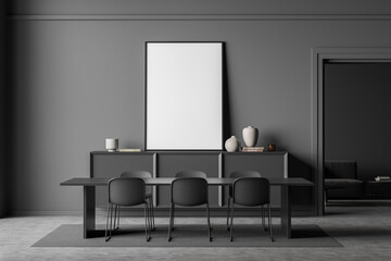 Dark dining room interior with empty white poster, six chairs