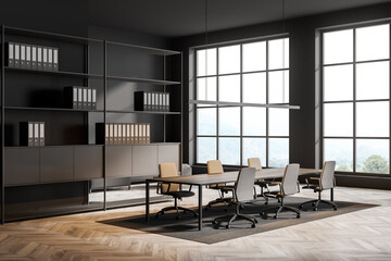 Panoramic grey meeting room. Corner view.