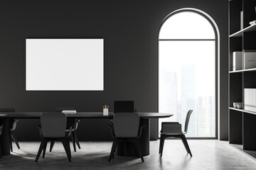 Conference room interior with furniture and window with city view. Mockup canvas