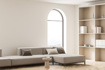 Light living room interior with sofa and coffee table, mockup