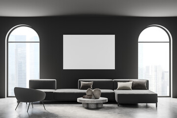 Dark living room interior with sofa and armchair near window, mockup poster