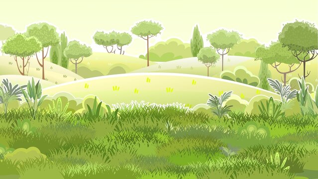 Glade. Amusing beautiful vegetation landscape. summer. Cartoon style. Hills with grass and trees. Cool romantic pretty. Flat design background illustration. Vector art