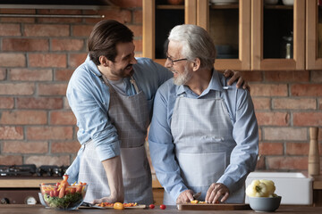 Loving millennial son embrace shoulder of retired father talk joke with senior dad enjoy cooking...