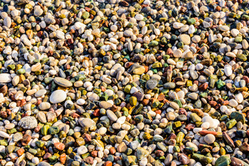 Texture of pebbles at the seaside. Natural background