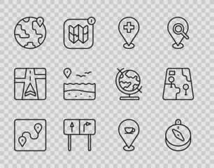 Set line Route location, Compass, Medical with cross, Road traffic sign, Location the globe, beach, coffee cup and City map navigation icon. Vector