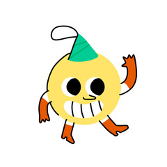 Christmas character - comic garland ball with face. Abstract fun yellow circle with eyes. New Year sticker.