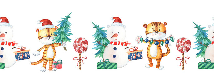 Watercolor New Year seamless border with cute tigers,snowman,Chistmas tree,gift box