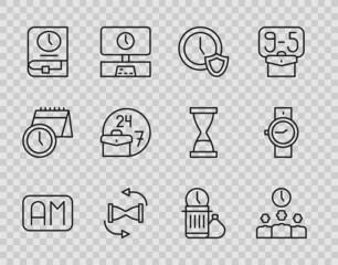 Set line Morning time, Time Management, Clock with shield, Old hourglass sand, for book, Always busy, Waste of and Wrist watch icon. Vector