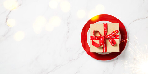 Beautiful Christmas table setting and festive decor on white wooden background, flat lay. Banner. Panorama.