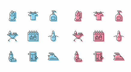 Set line Dishwashing liquid bottle, Cleaning service for window, Toilet paper roll, Electric iron, calendar, Kitchen apron, Iron and ironing board and Drying clothes icon. Vector