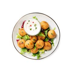 Vegetarian chickpeas falafel balls with fresh green salad. Traditional Middle Eastern and arabian food. Top view. isolated on white background