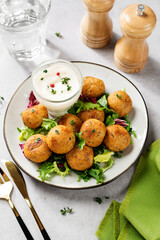 Vegetarian chickpeas falafel balls with fresh green salad. Traditional Middle Eastern and arabian food.
