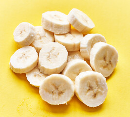  Slices of banana on a yellow background