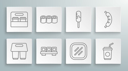 Set line Coffee cup to go, Sushi, on cutting board, Steak meat, Paper glass with straw, Ice cream, Hotdog and icon. Vector