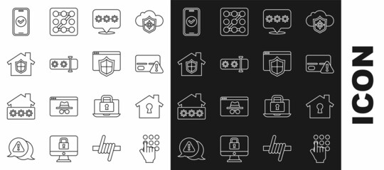 Set line Password protection, House under, Credit card, Smartphone and Browser with shield icon. Vector