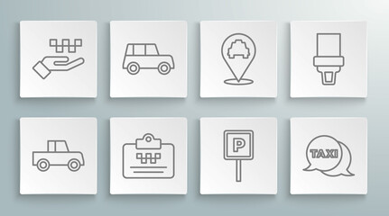 Set line Car, Taxi driver license, Parking, call telephone service, Location with taxi, Safety belt and Hand icon. Vector