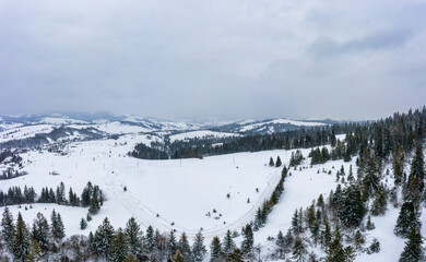 Aerial view of the mystical landscape of a winter