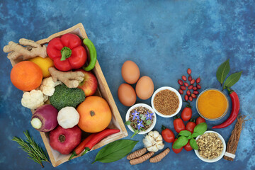 Superfood collection to boost immune system with dairy, vegetables, fruit, medicinal herbs, spice....