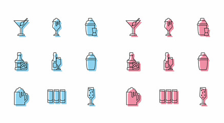 Set line Wooden beer mug, Shot glass, Martini, Glass of champagne, Champagne bottle and, Cocktail shaker, Whiskey and icon. Vector