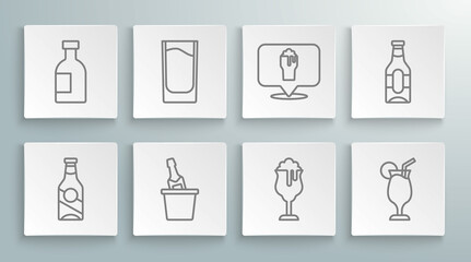 Set line Beer bottle, Shot glass, Champagne in an ice bucket, Glass of beer, Cocktail, Alcohol or bar location, and vodka icon. Vector