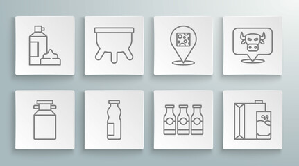 Set line Can container for milk, Udder, Drinking yogurt bottle, Bottle with, Paper package, Cheese, Cow head and Whipped cream icon. Vector