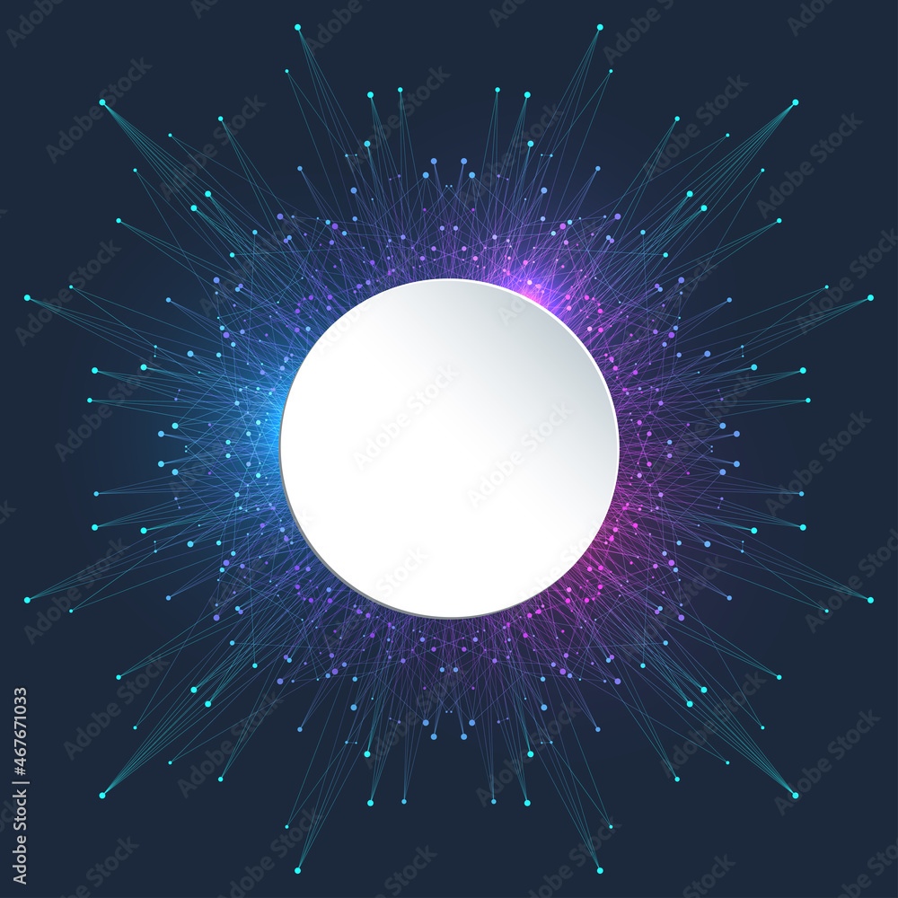 Poster Quantum computer technology concept. Deep learning artificial intelligence. Big data algorithms visualization for business, science, technology. Waves flow, illustration.
