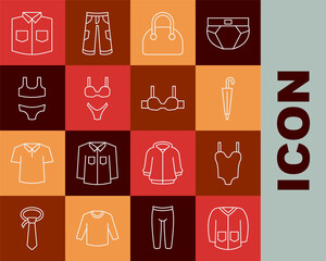 Set line Sweater, Swimsuit, Umbrella, Handbag, Shirt and Bra icon. Vector