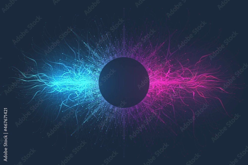 Aufkleber Quantum computer technology banner design template concept, gravitational wave. Deep learning artificial intelligence. Big data algorithms visualization for business, science, technology illustration.
