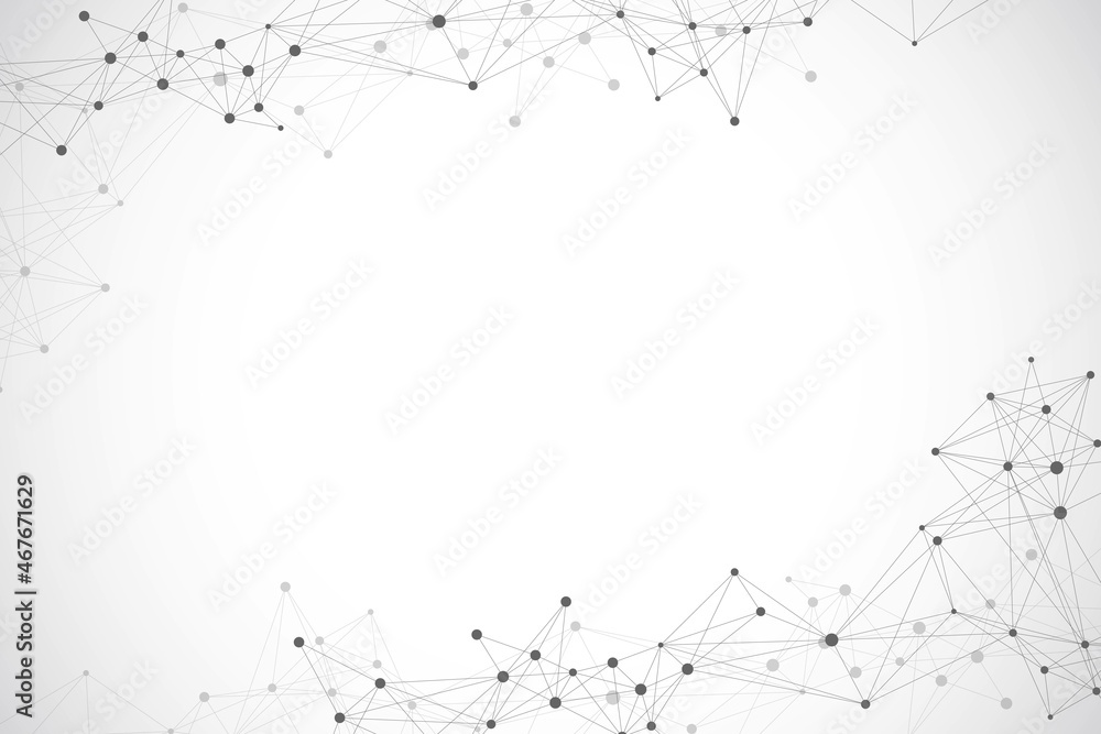 Poster Geometric graphic background molecule and communication. Big data complex with compounds. Lines plexus, minimal array. Digital data visualization. Scientific cybernetic illustration.
