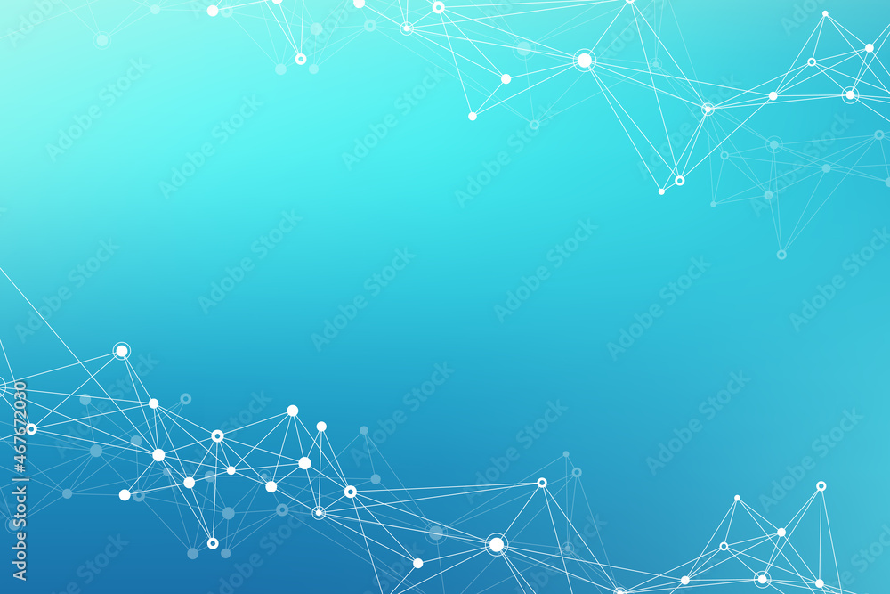 Fototapete Geometric blue graphic background molecule and communication. Big data complex with compounds. Lines plexus, minimal array. Digital data visualization. Scientific cybernetic illustration.