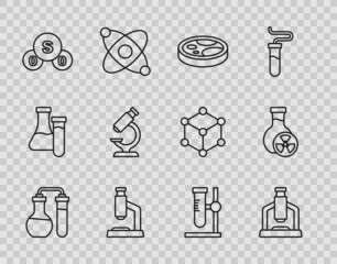 Set line Test tube, Microscope, Petri dish with bacteria, Sulfur dioxide SO2, flask on stand and toxic liquid icon. Vector