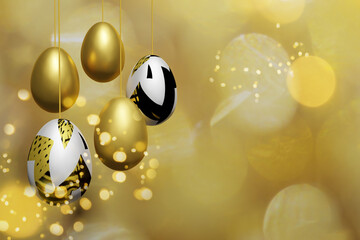 3d render of hanging gold and black and white Easter eggs on a golden bokeh background