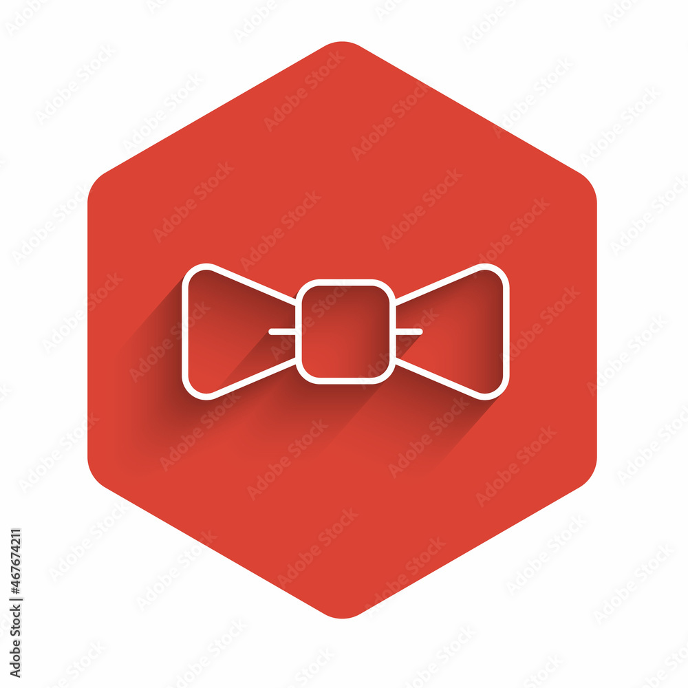 Poster white line bow tie icon isolated with long shadow. red hexagon button. vector