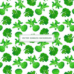 Seamless pattern with cabbage on a white background. The Kohlrabi and Broccoli. Vector illustration of fresh vegetables in cartoon simple flat style.