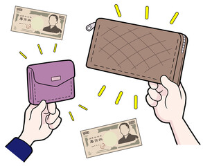 長財布とふたつ折り財布【ウォレット・お札・一万円・手・お金・節約・買い物】