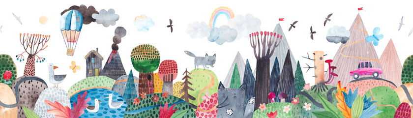 Hand drawn landscape, hills, trail, lonely house, mountains, lake and ship, clouds and ballon, cars. Watercolor illustration. Children's horizontal poster. Horizontal border. Seamless pattern. © bukhavets