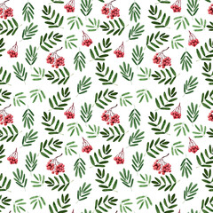 Watercolor seamless pattern with clusters, leaves and branches of mountain ash