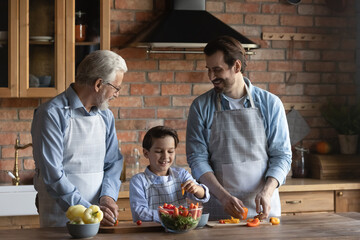 Cooking food together. Three men generations wearing kitchen aprons preparing decorating eating tasty lunch of fresh vegetables. Older grandfather young dad preteen kid son enjoy cutting healthy salad