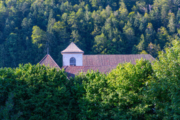 Fototapeta na wymiar Toiture d'une église au milieu de la forêt dans le Jura bernois