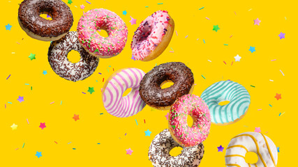 Delicious glazed donuts Falling on yellow background.