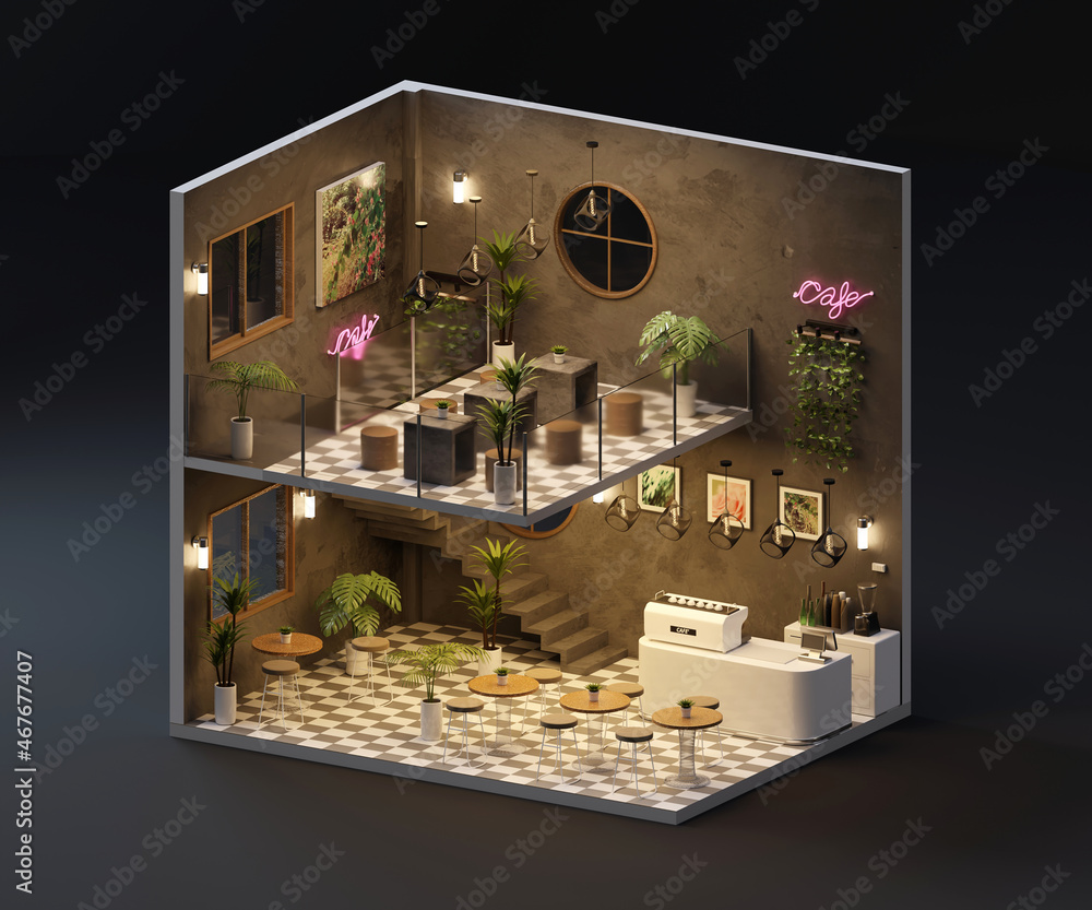 Poster isometric view minimal cafe store open inside interior architecture, 3d rendering.