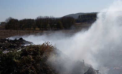 Trash and smoke representing a zone disaster and bad waste management. Planet problems concept. Nasty rubbish industry and dirty ecology on our planet. Destruction with lots of polluted materials
