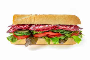 Sandwich with sausage, cucumber, tomatoes, arugula. Isolated on white background. Fast food for take and go cafe