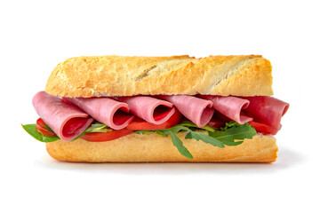 Sandwich with bacon, tomatoes. Isolated on white background. Fast food for take and go cafe