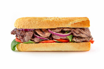 Sandwich with beef steak, mushrooms, onions, tomatoes. Isolated on white background. Fast food for take and go cafe