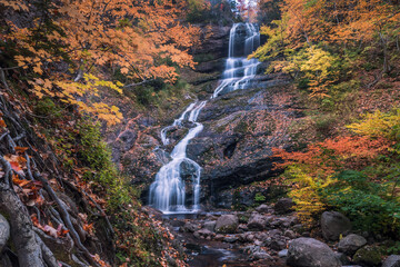 Fototapeta premium Beulach Ban Falls, Cape Breton -High water fall in an autumn forest landscape with dense trees, Cape Breton. Autumn waterfall view. Nova Scotia, Canada