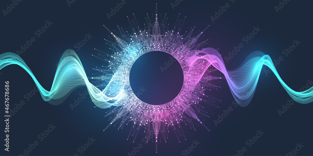 Poster Music wave flow poster design with lines and dots. Sound flyer with abstract gradient line waves. Music abstract background. Vector concept.