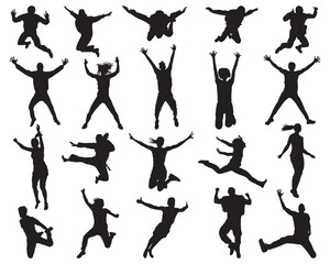 Black silhouettes of jumping people,  on a white background	