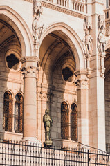 Hungarian Parliament building in Budapest at the daylight. 
Gothic architecture exterior. Tourist destination. Beautiful columns architecture details at the sunight